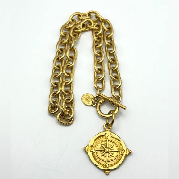 Susan Shaw Gold Tone Compass Pendant Toggle Necklace 16”24K Gold PlatedEUC